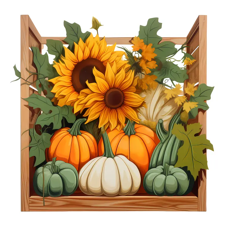 Sunflowers and Pumpkins in Wooden Crate
