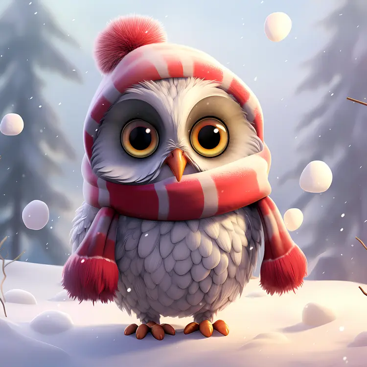 Cute Owl in Winter Hat and Scarf