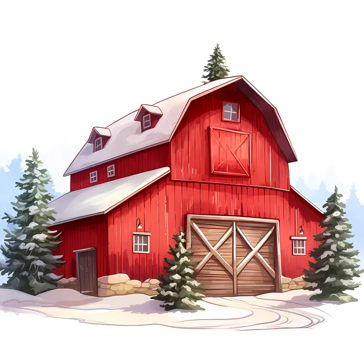 Red Barn in a Snowy Landscape