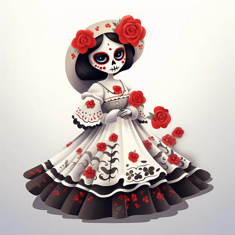 Red and White Skeleton Lady in Traditional Dress