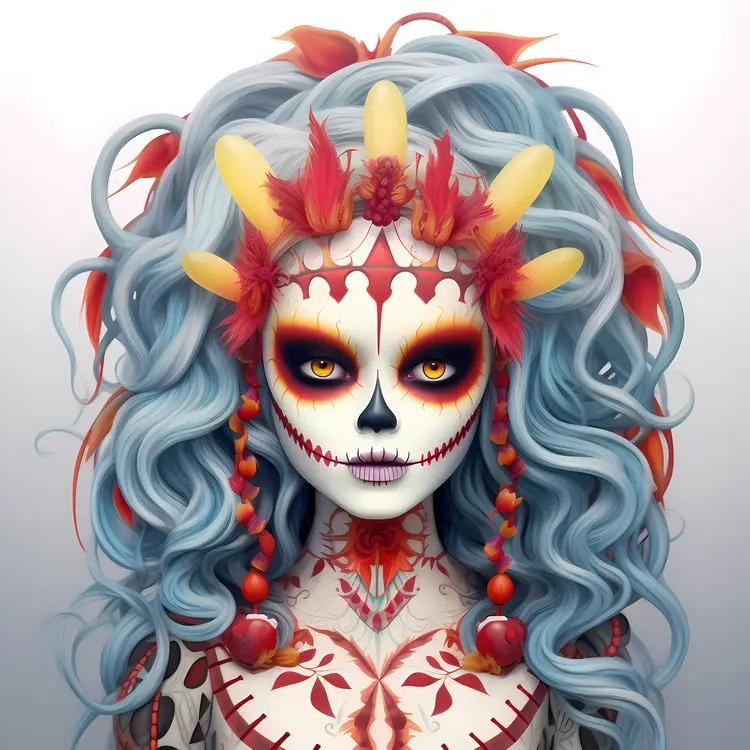 Decorative Sugar Skull with Blue Hair and Yellow Flowers