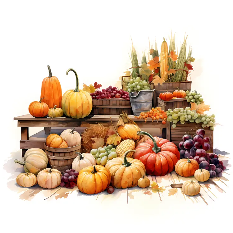 Pumpkins and Grapes on a Table for Thanksgiving