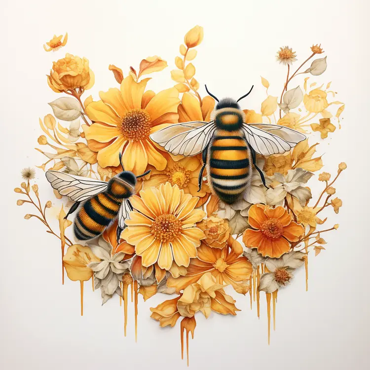 Two Bees with Yellow Flowers in Watercolor Style