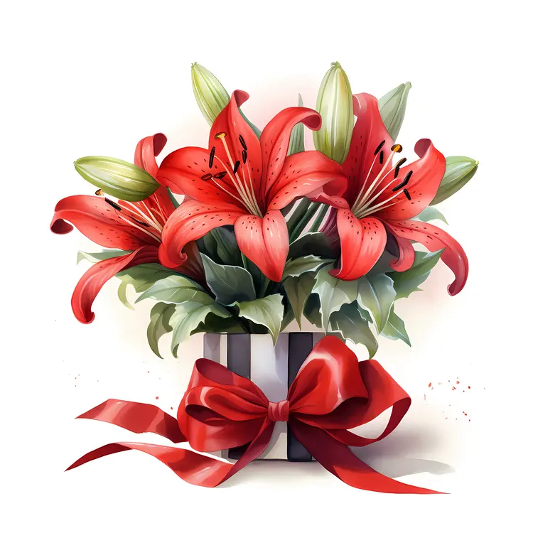 Red Lilies in Gift Box with Ribbon