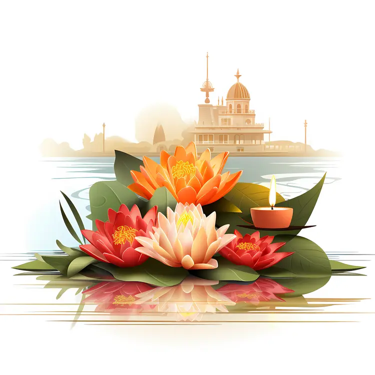 Lotus Flowers with Water and Leaves
