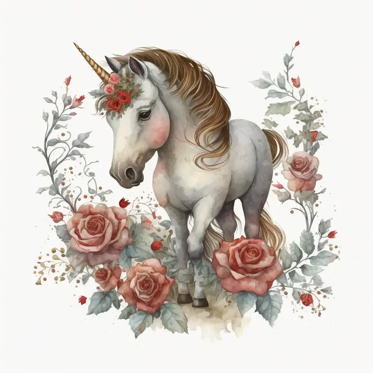 Beautiful Unicorn with Roses in Fantasy Illustration