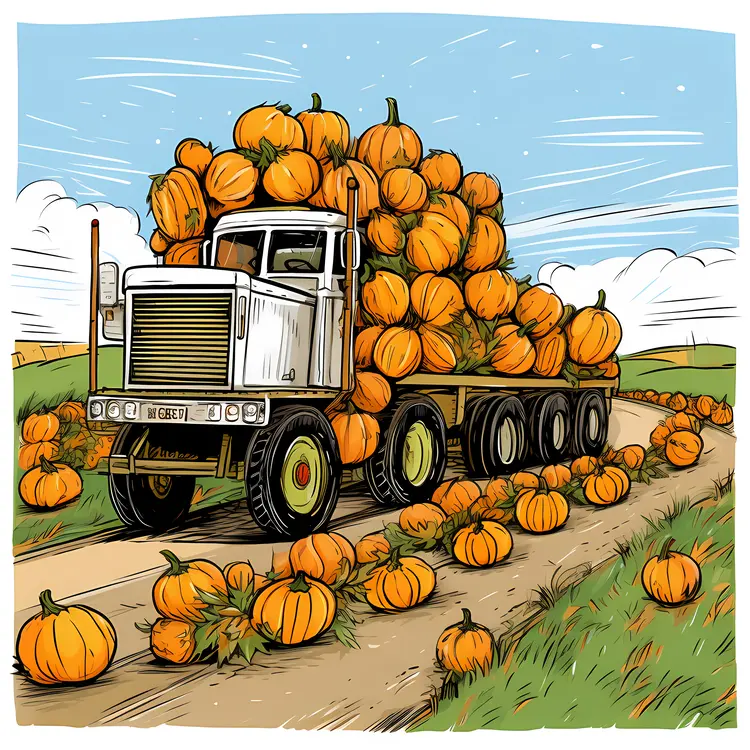 Truck Loaded with Pumpkins on a Countryside Road