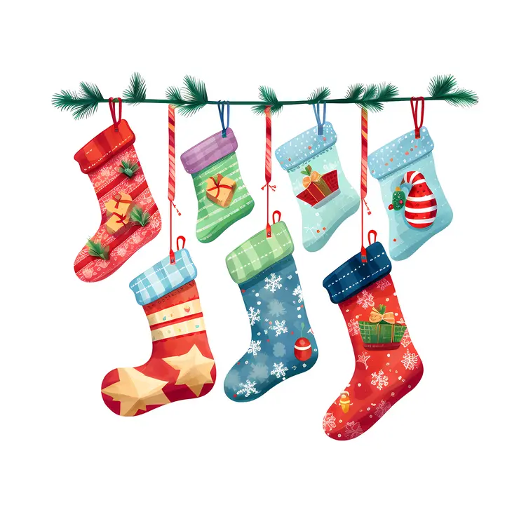 Colorful Christmas Stockings Hanging on a Garland