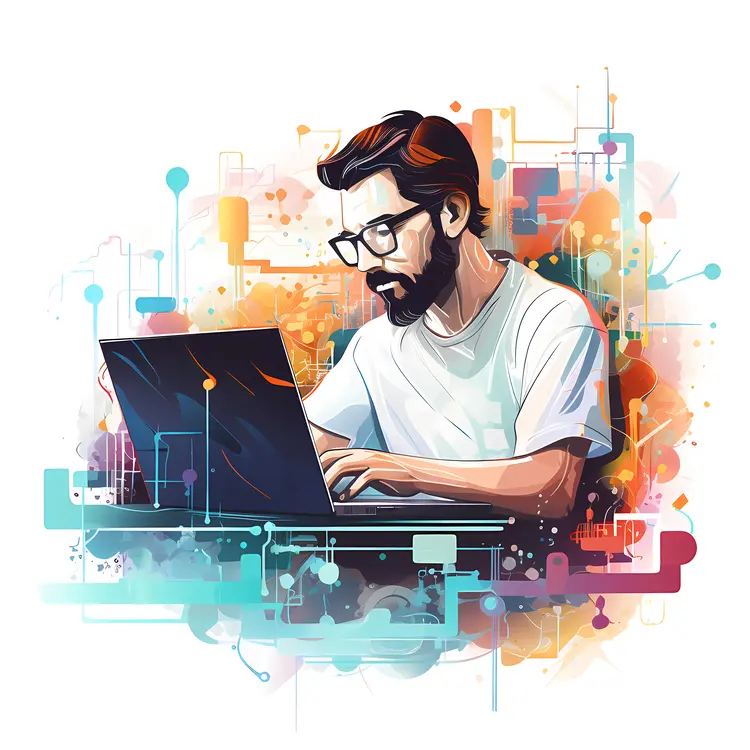 Programmer with Laptop and Abstract Background