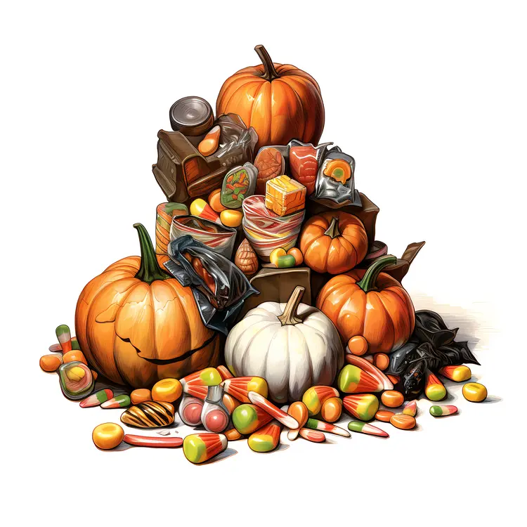 Pile of Halloween Candy with Pumpkins