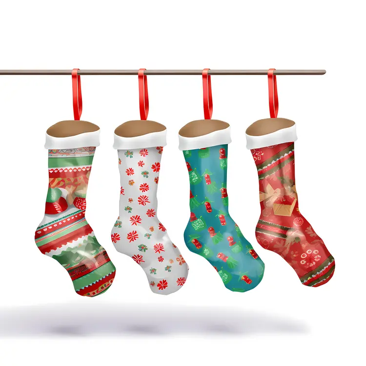 Four Christmas Stockings with Red Ribbons