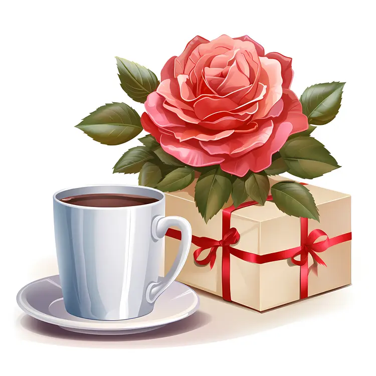 Red Rose and Gift Box with Coffee Cup