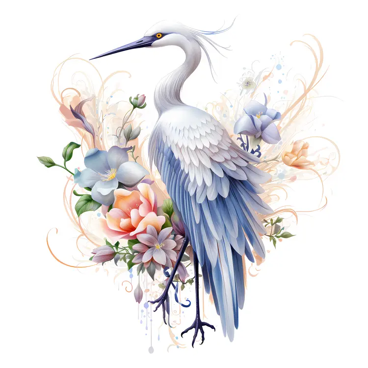 White Heron with Pastel Flowers