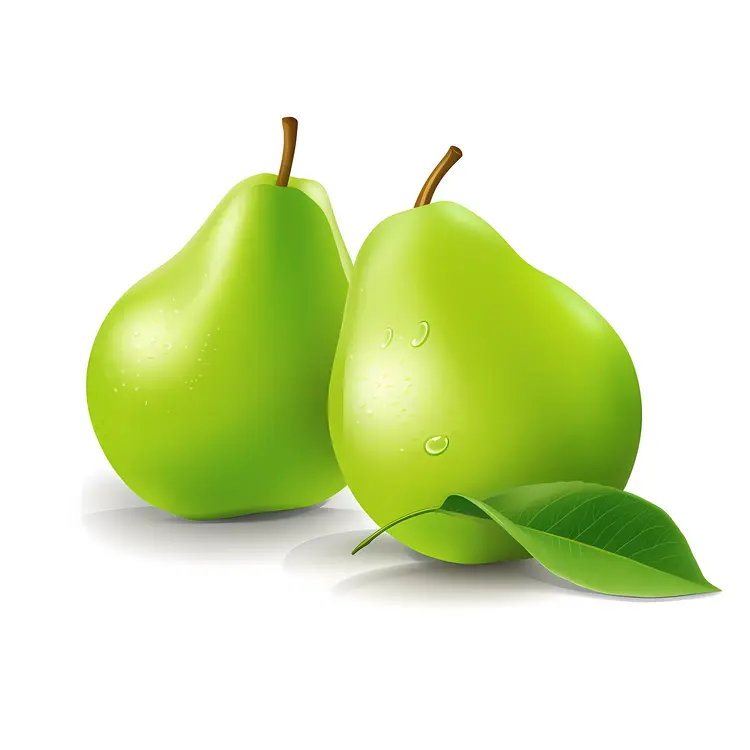 Two Green Pears with Leaf