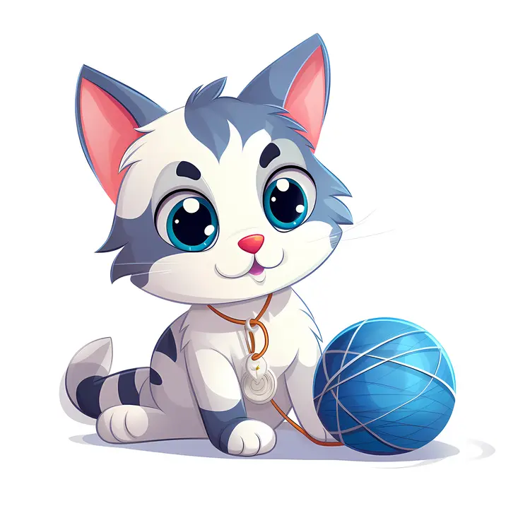 Cute Cartoon Cat with Blue Yarn Ball