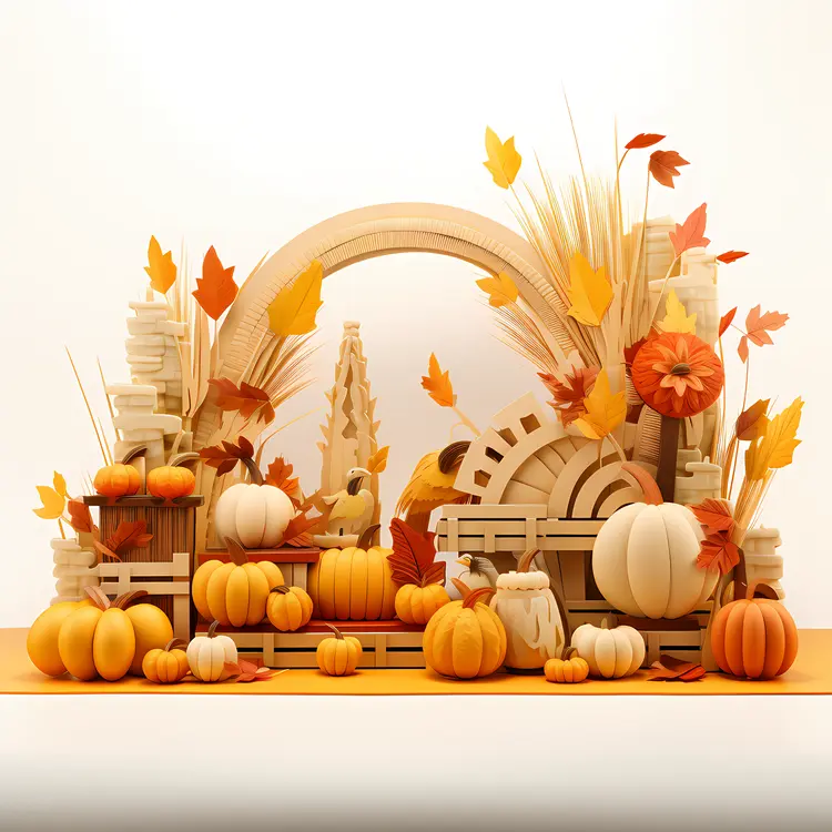 Autumn Harvest Display with Pumpkins and Leaves