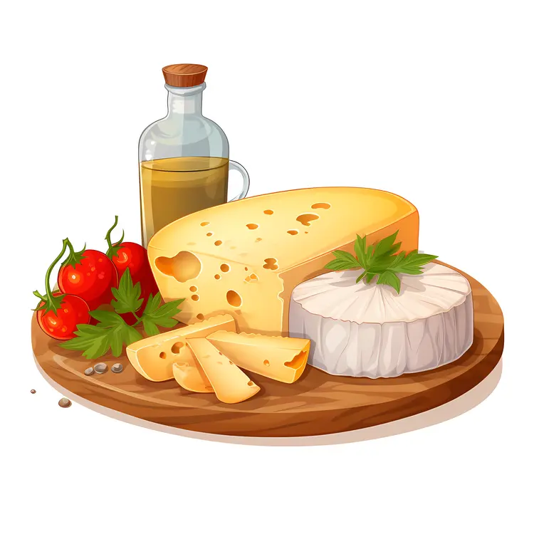 Cheese and Vegetables on Wooden Board