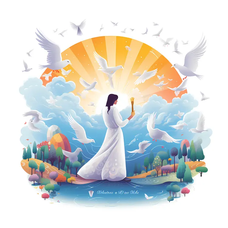 Woman with Doves at Sunrise