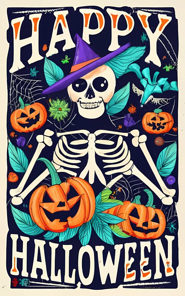 Skeleton with Pumpkins and Leaves
