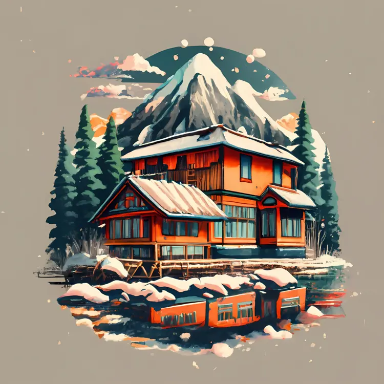 Small cute doodle house in snowy mountain landscape
