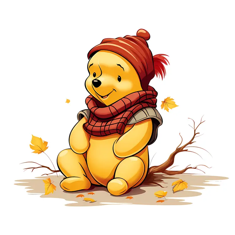 Yellow Bear with Red Hat and Autumn Leaves