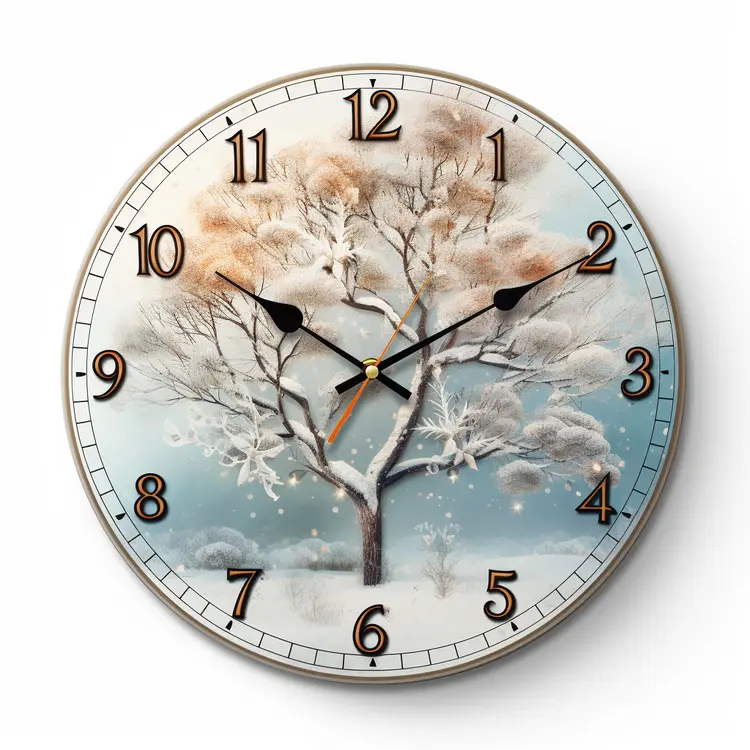 Winter Tree Clock with Snowy Background