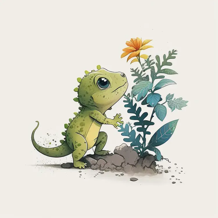 Cute Green Lizard with Flower