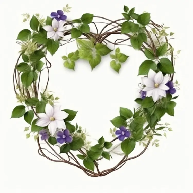 Heart-Shaped Flower Wreath with Green Leaves and White and Purple Flowers