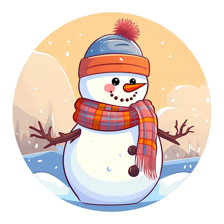 Cute Snowman with Scarf and Hat in Winter Scene