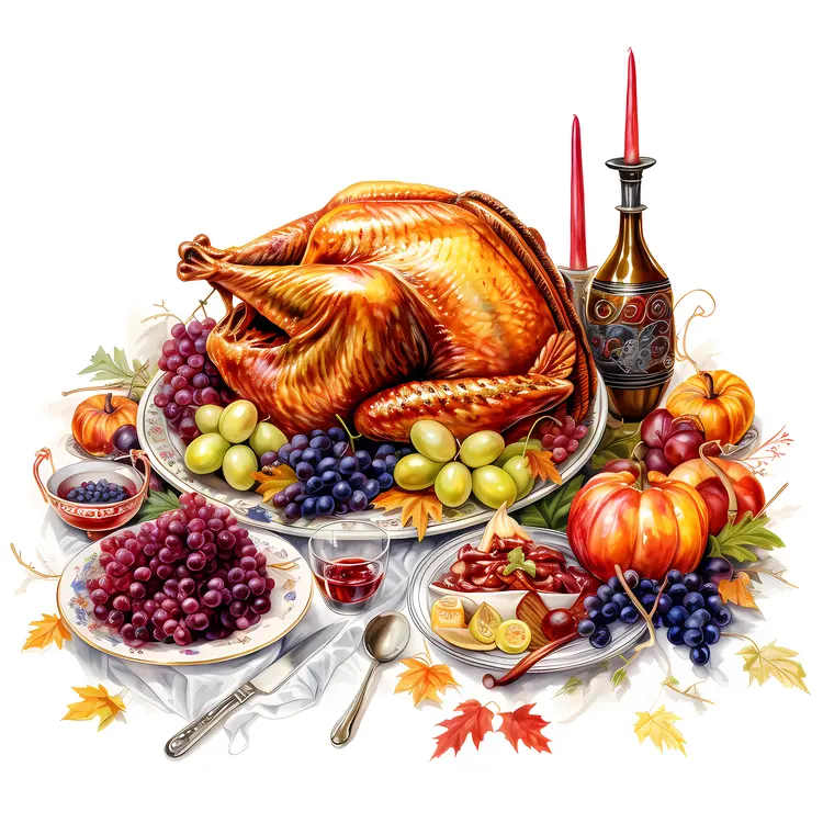 Roasted Turkey with Grapes and Pumpkins for Thanksgiving