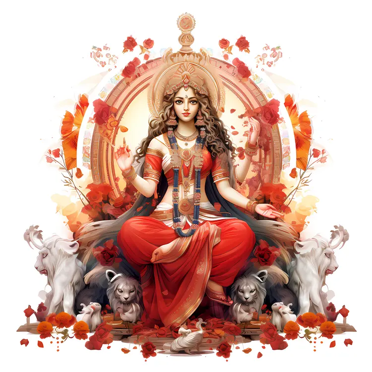 Goddess with Lions and Floral Background