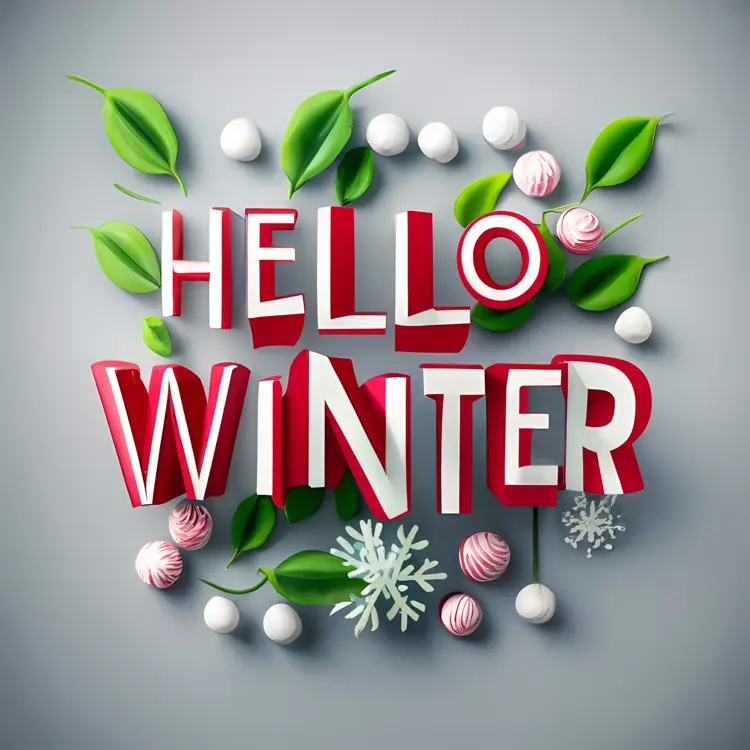 Hello Winter Text with Leaves and Snowflakes