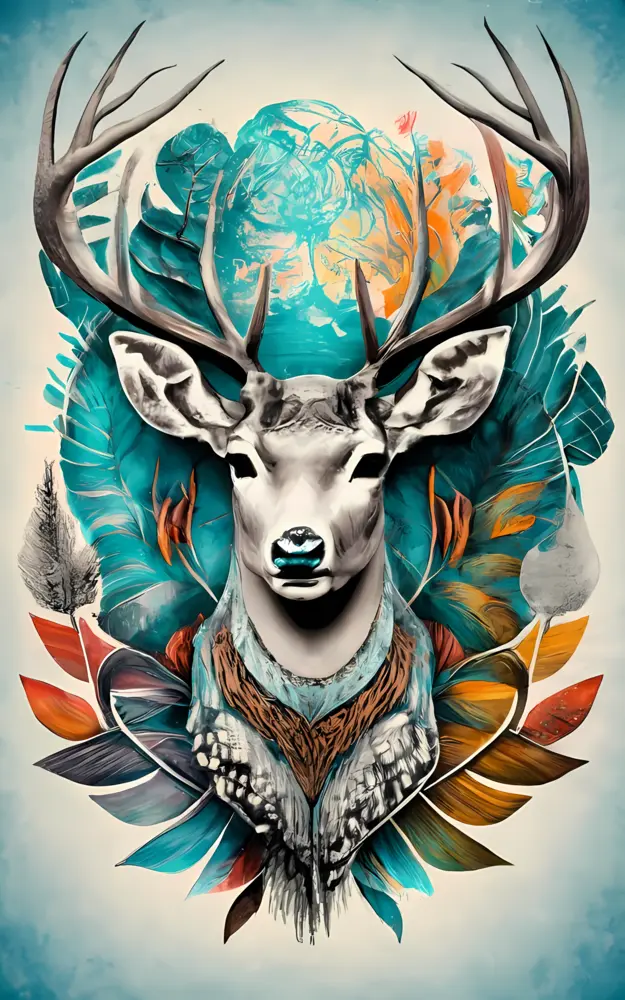 Decorative Deer with Antlers and Floral Elements