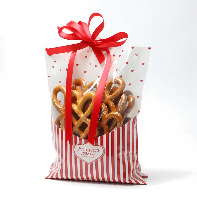 Pretzels in Striped Bag with Red Ribbon