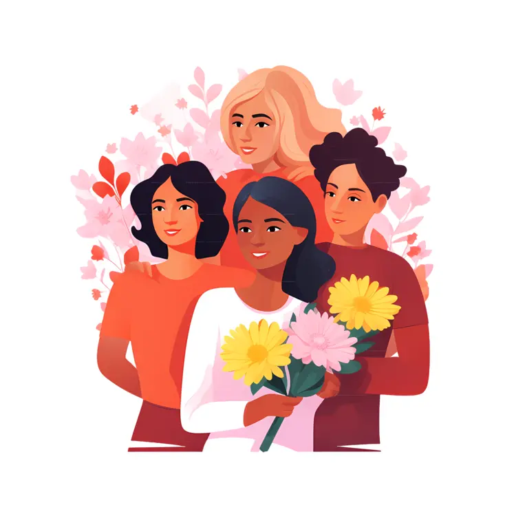 Group of Women with Flowers Celebrating International Women's Day