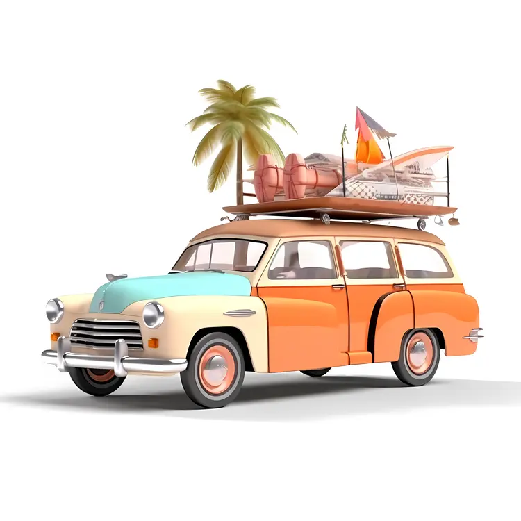 Vintage Car with Surfboard and Luggage for Summer Holiday