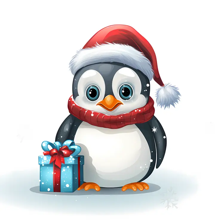 Penguin with Santa Hat and Gift