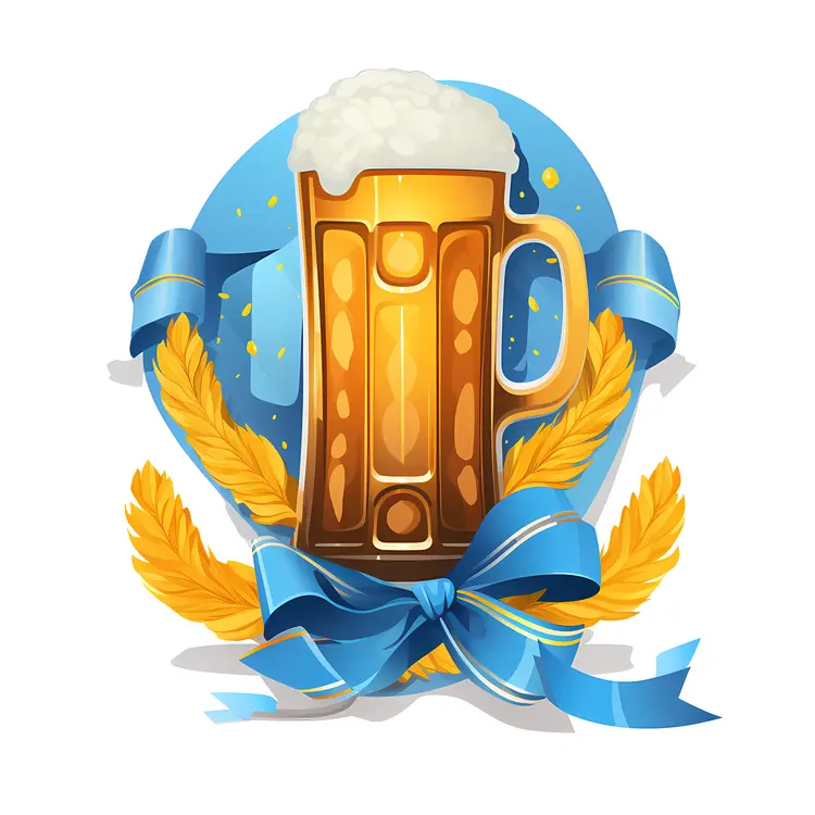 Beer Mug with Blue Ribbon and Wheat for Oktoberfest Celebration