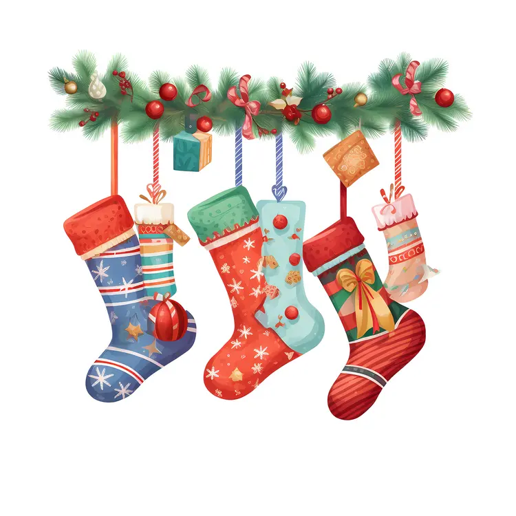 Colorful Christmas Stockings Hanging with Gifts