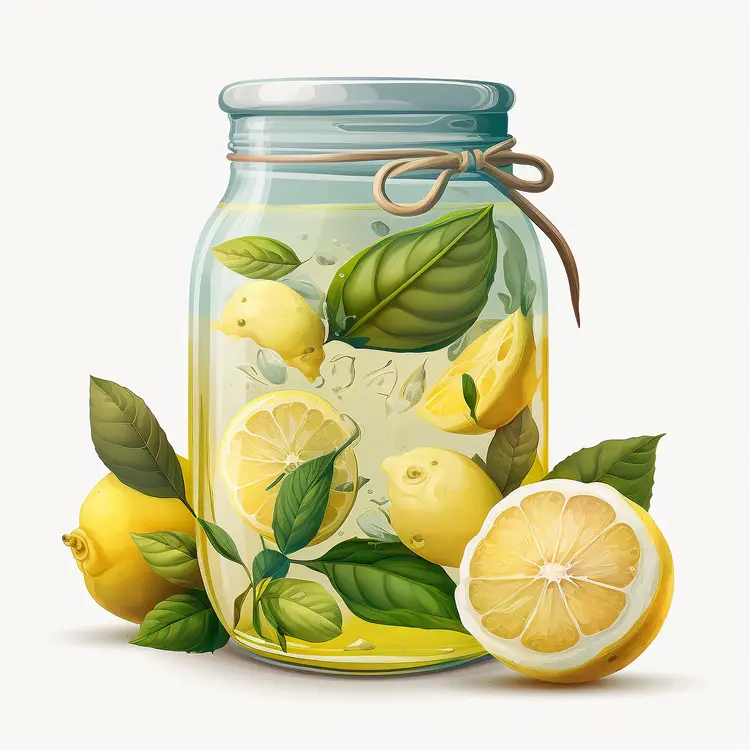 Fresh Lemon Jar with Sliced Lemons and Leaves