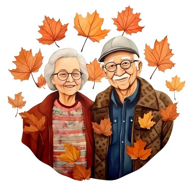 Happy Elderly Couple with Autumn Leaves