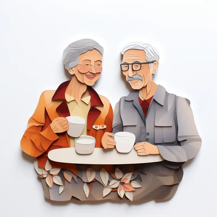 Elderly Couple Enjoying Coffee in Paper Art Style