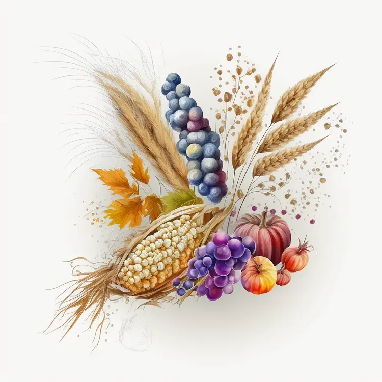 Autumn Harvest Illustration with Wheat
 Grapes
 and Pumpkins