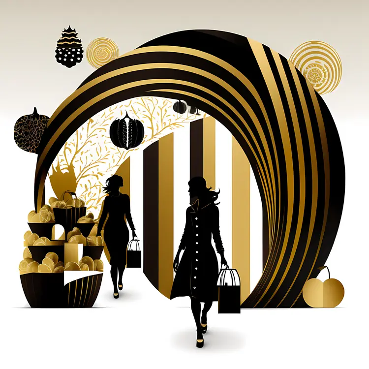 Elegant Shopping Scene with Black and Gold Decorations