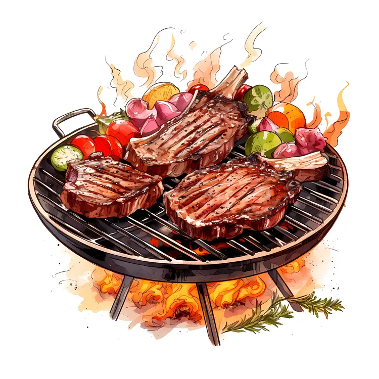 Grilled Meat and Vegetables on Fire