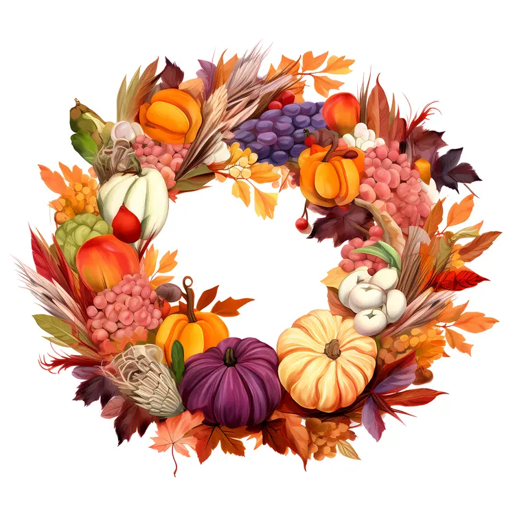 Colorful Autumn Wreath with Pumpkins and Leaves