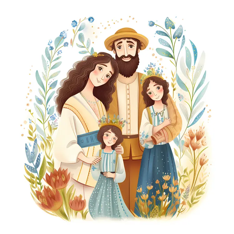 Illustrated Family Portrait with Floral Background