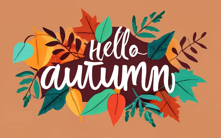 Hello Autumn Text with Colorful Leaves