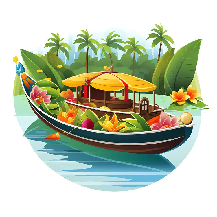 Beautiful Tropical Boat Scene with Flowers