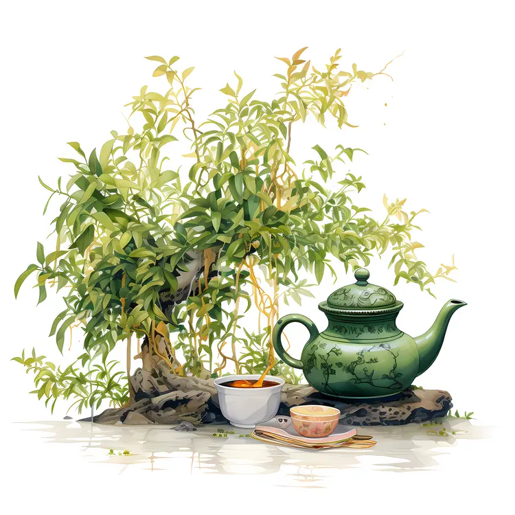 Green Teapot with Cups and Plant